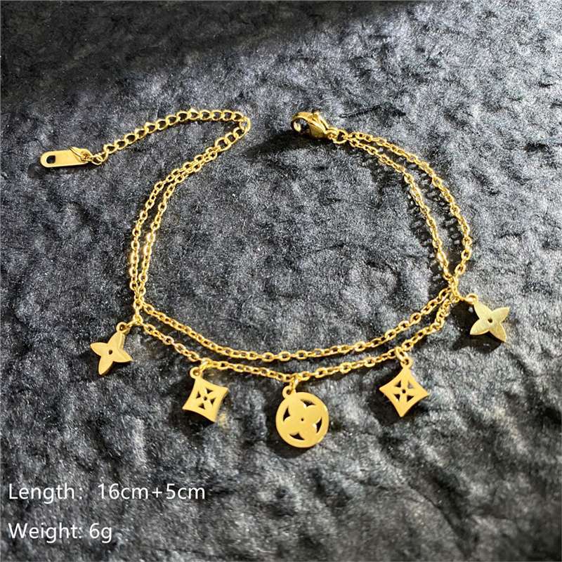 Original Design Geometric Four-Leaf Clover Roman Numeral Double-Layer Bracelet in Titanium Steel with Gold Plating