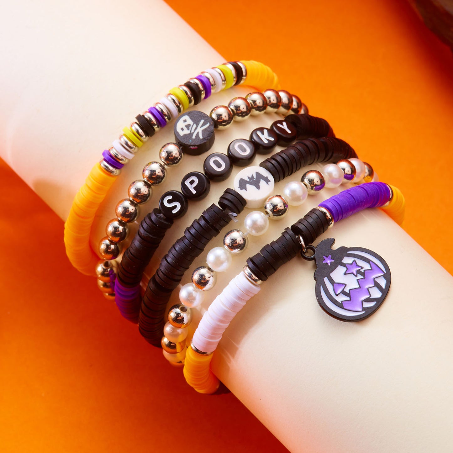 Cartoon Halloween Themed Handmade Alloy Bracelet with Pumpkin and Skull Charms for Women Geometric Letter Design