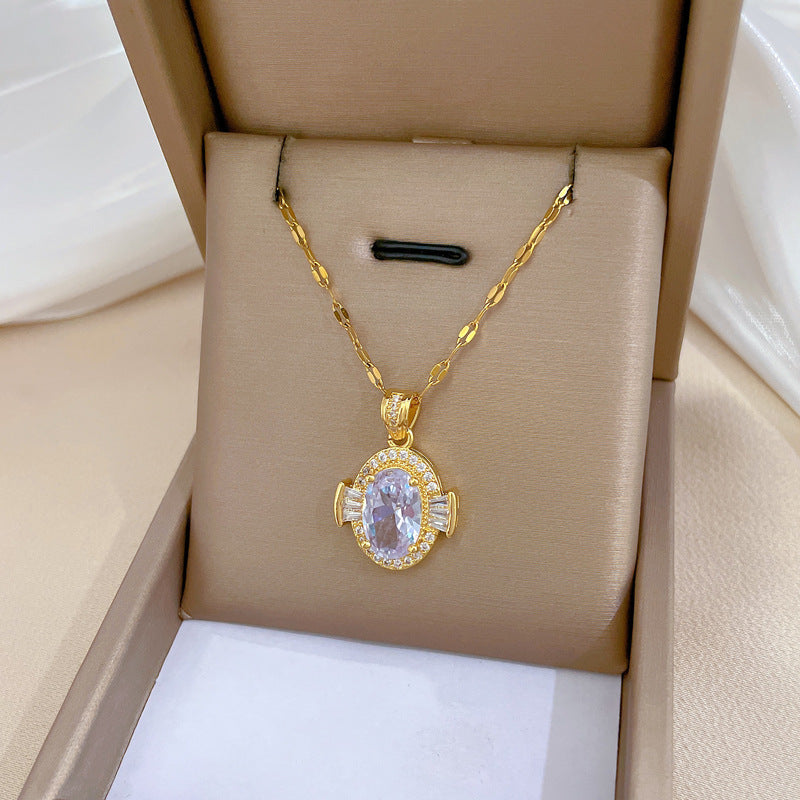 Collana minimalista ovale in zirconia per donna, catena a serpente in acciaio inossidabile con motivo luna