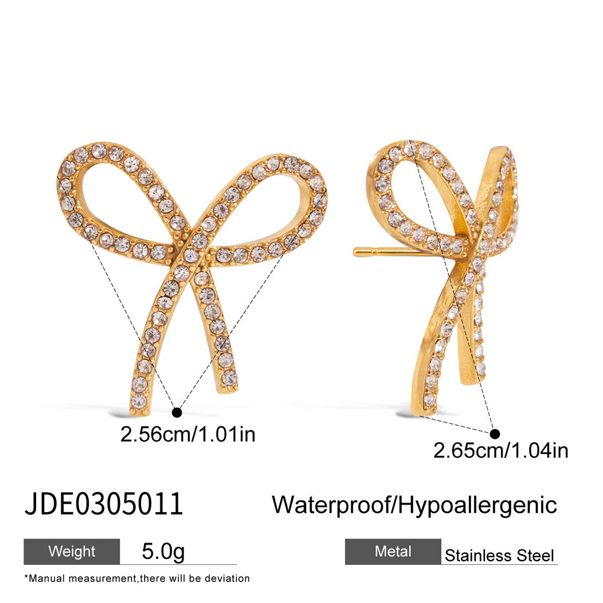 Eleganti orecchini a perno a forma di fiocco in acciaio inossidabile placcati, con strass, da donna