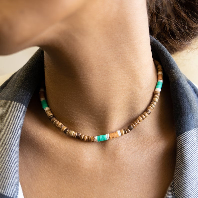 Streetwear Geometric Wood Beaded Stainless Steel Necklace