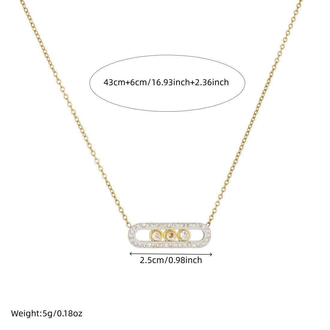 Minimalist Gold Plated Stainless Steel Geometric Paperclip Pendant Necklace with Rhinestones for Women
