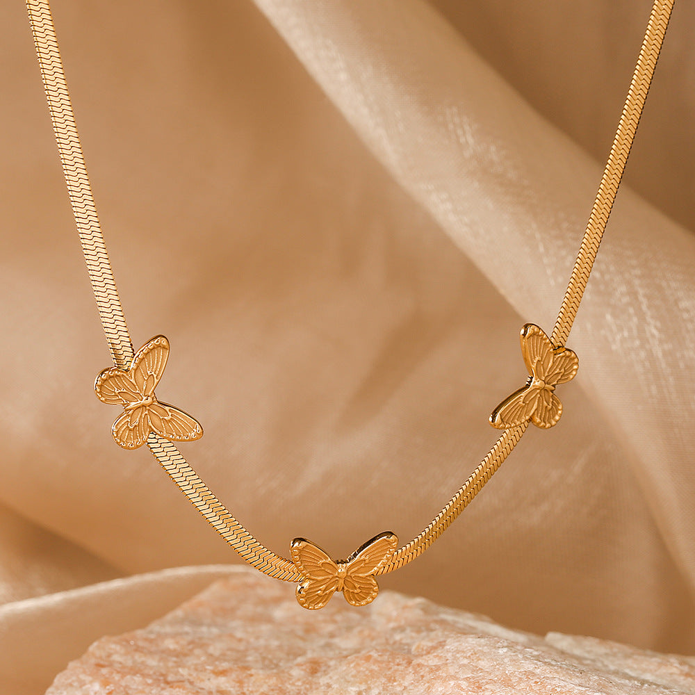 Minimalist Butterfly-Shaped Titanium Steel Snake Chain Necklace for Women with Gold Plating