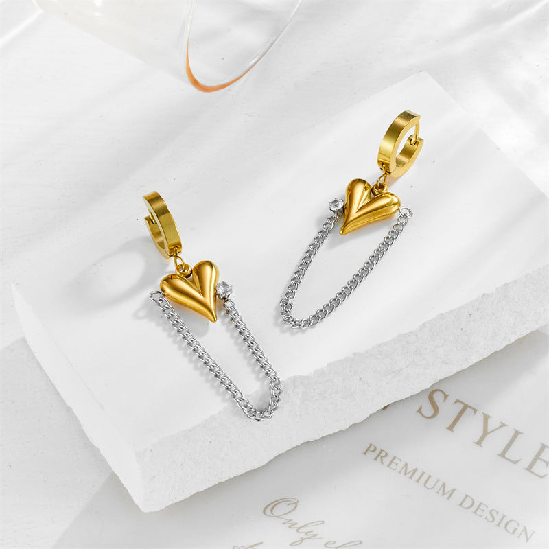 Pendientes de cadena larga de acero de titanio chapados en oro con forma de corazón y adornos de diamantes de imitación, minimalistas y elegantes para mujer