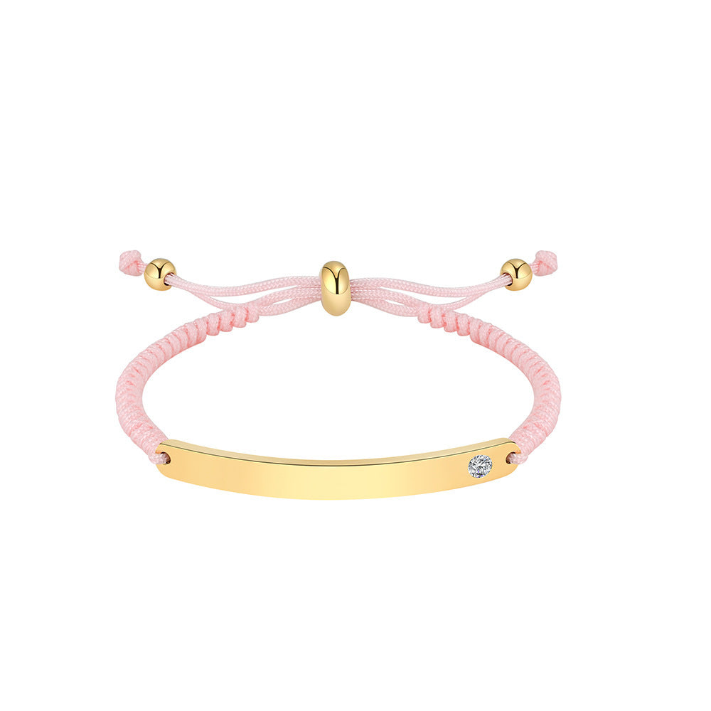 Elegant 18K Gold Plated Geometric Round Rhinestone Inlaid Stainless Steel Titanium Steel Charm Bar Bracelet DIY Engraving Handmade Woven