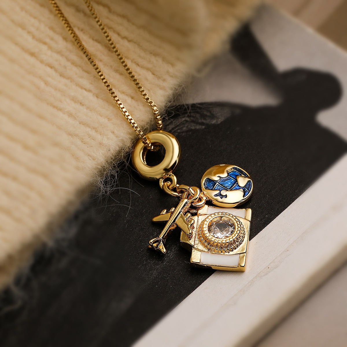 Minimalist Geometric Camera Pendant Necklace for Women with Copper Base and Real Gold Plating Featuring Zircon Inlay