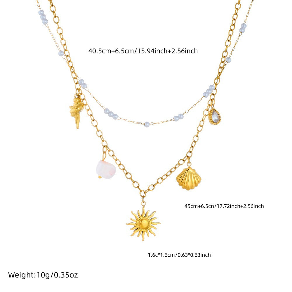 Sweet Ocean-Inspired Stainless Steel Double Layer Necklace with Seashell and Star Pendant for Women