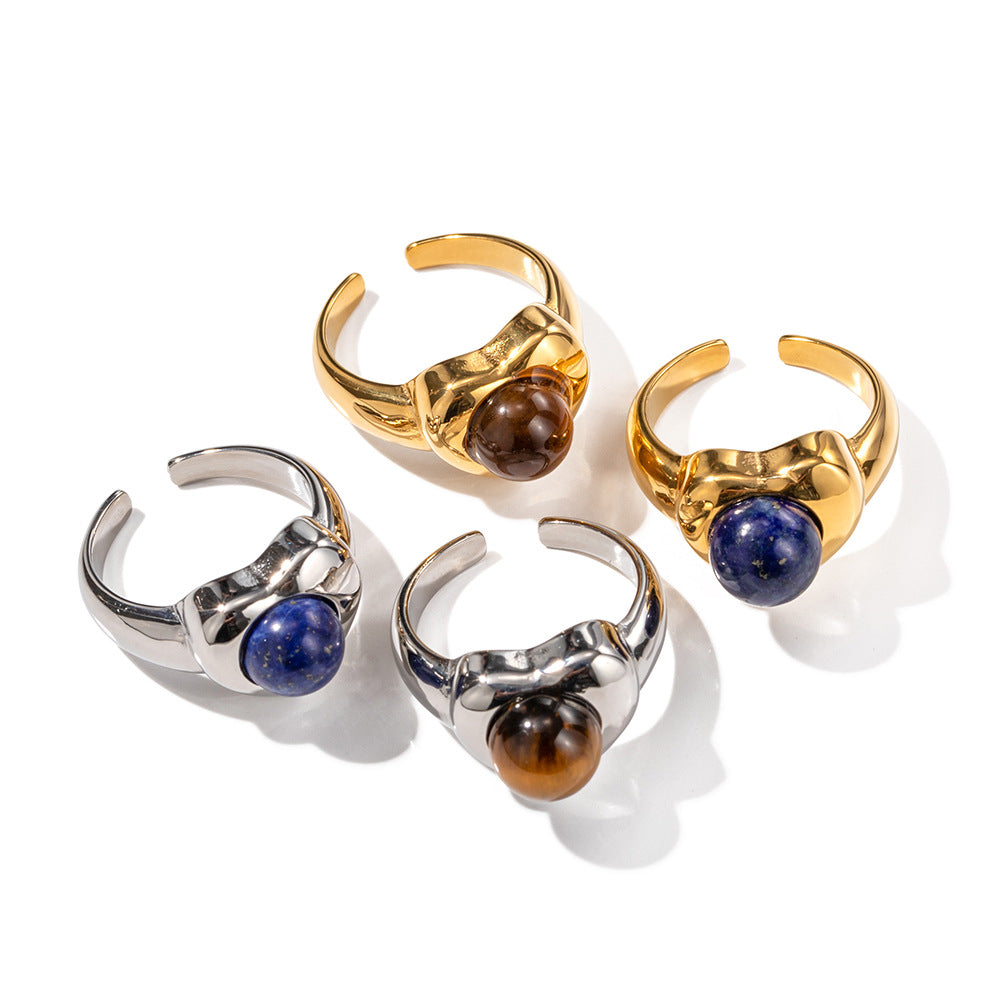 Fashion 18K Gold Plated Stainless Steel Heart Shape Tiger Eye Stone Ring for Women
