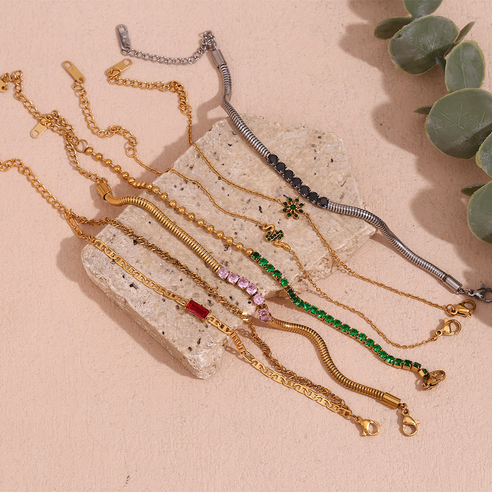 Bracciale da donna in acciaio inossidabile placcato oro 18 carati, con perline micro-incastonate e catena, stile geometrico alla moda