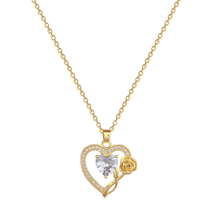 Sweet Minimalist Heart Rose Rhinestone Plated Titanium Steel Necklace Unisex Cable Chain