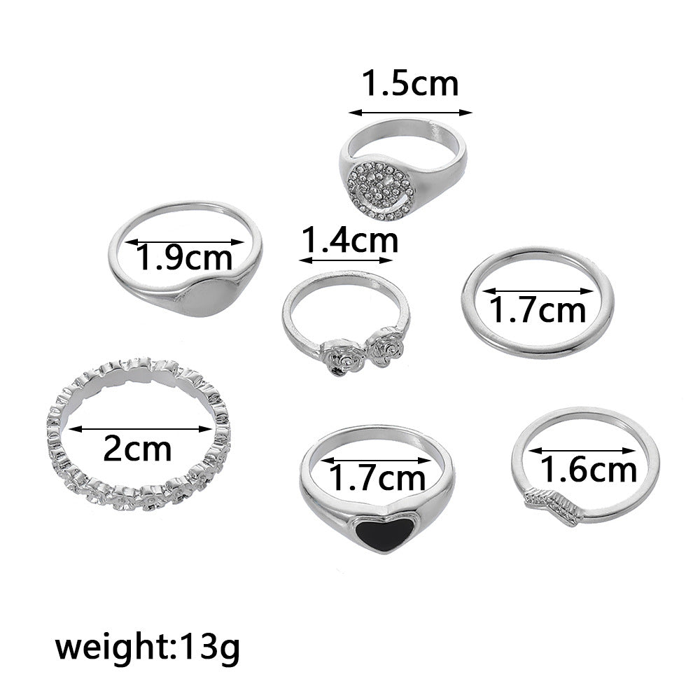 Cool Streetwear Hip-hop Drip Oil Heart Round Geometric Alloy Plated Ring Set with Rhinestone and Crystal for Unisex
