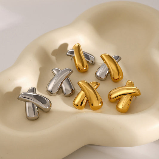 Ins Style Asymmetric X Shape Plated 18K Gold Stainless Steel Stud Earrings Unisex Lightweight