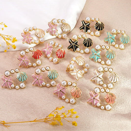 Pendientes de botón de acero inoxidable con diseño de animales de estrella de mar, concha de perla y aceite de goteo dulce para mujer