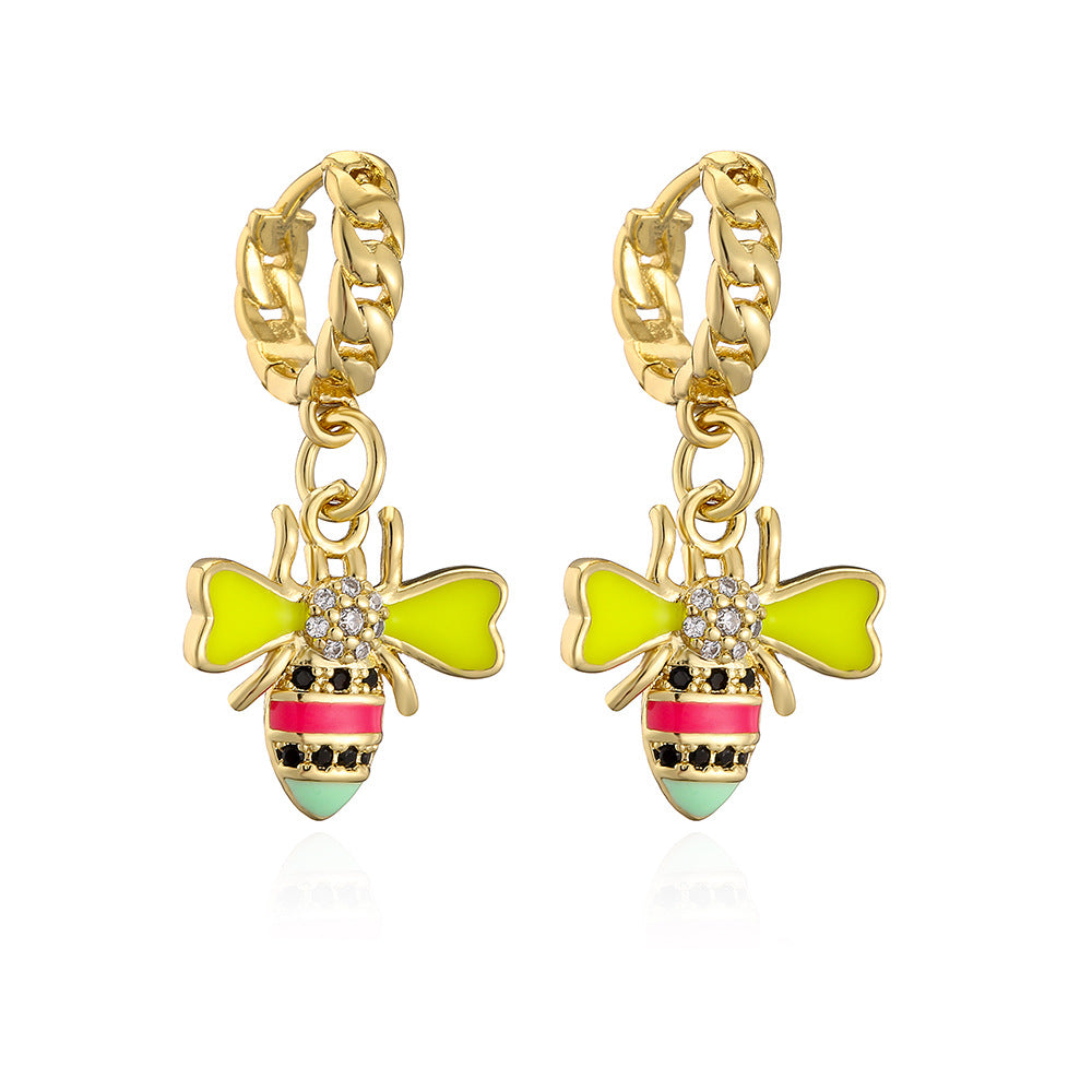 Minimalist Bee-Shaped Copper Pendant Earrings with 18K Gold Plating and Enamel Finish for Women