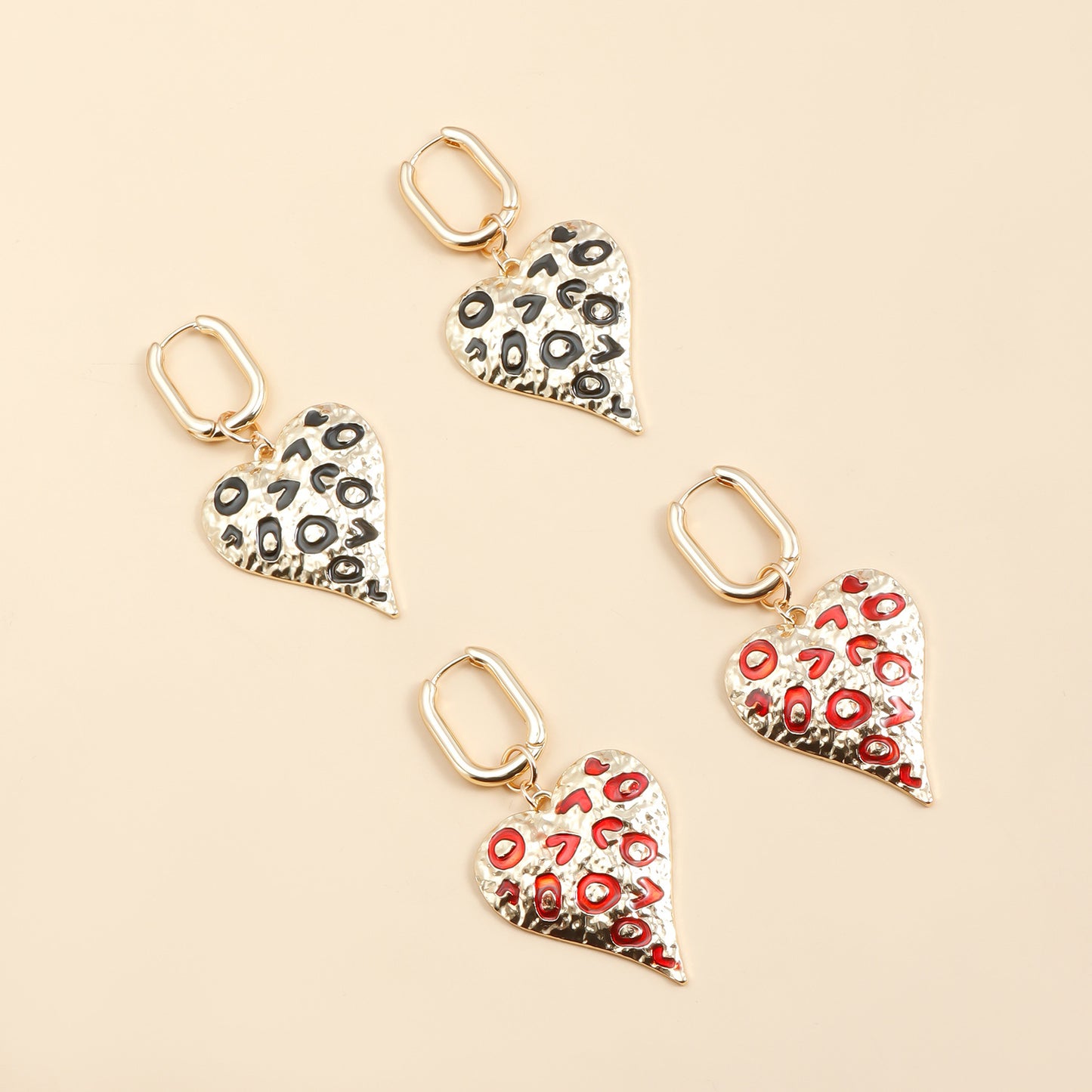 Pendientes de aro esmaltados con forma de corazón Retro Chic de lunares para mujer en aleación con acabado chapado