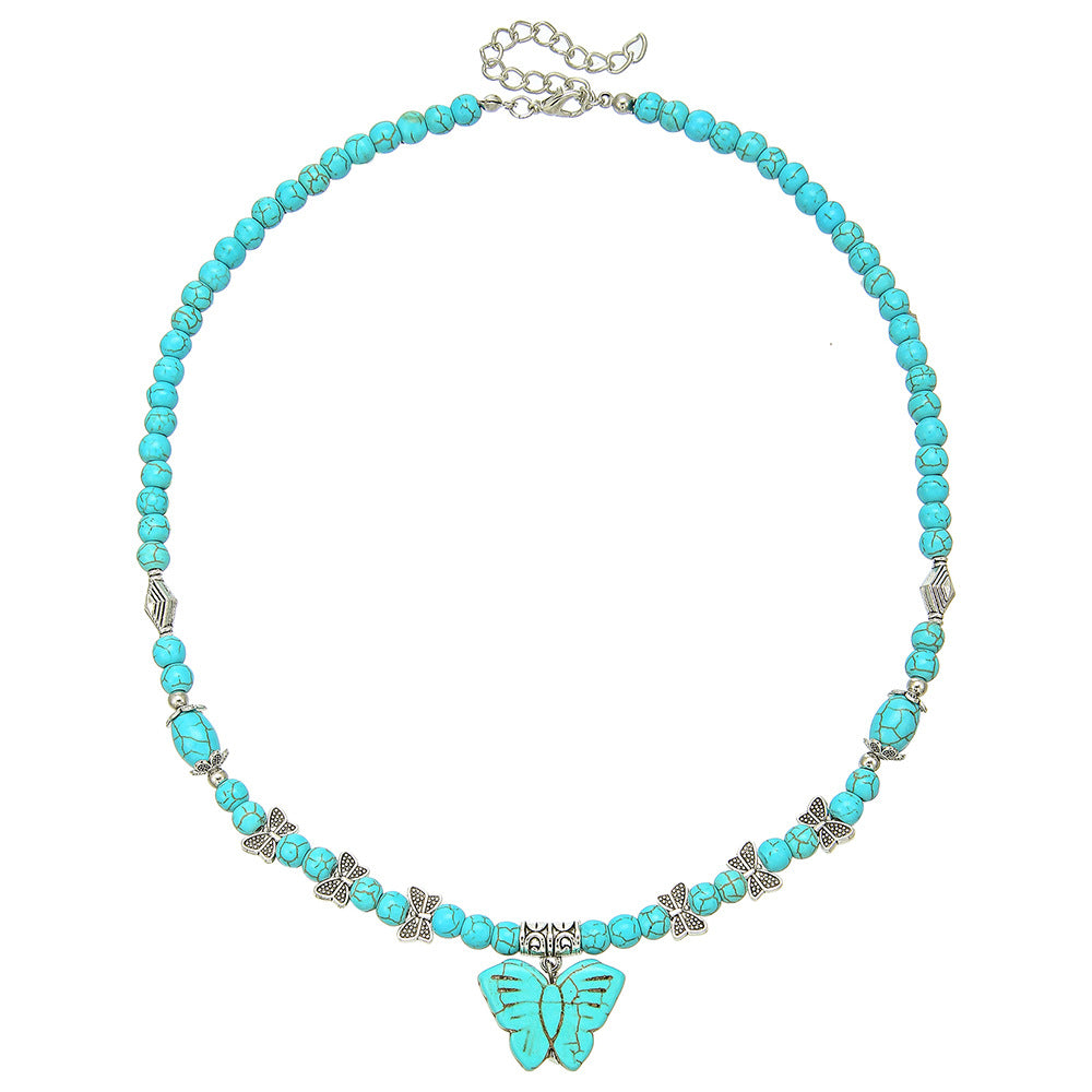 Bohemian Ethnic Geometric Butterfly Teardrop Heart Round Alloy Necklace with Turquoise and Pearl Inlay