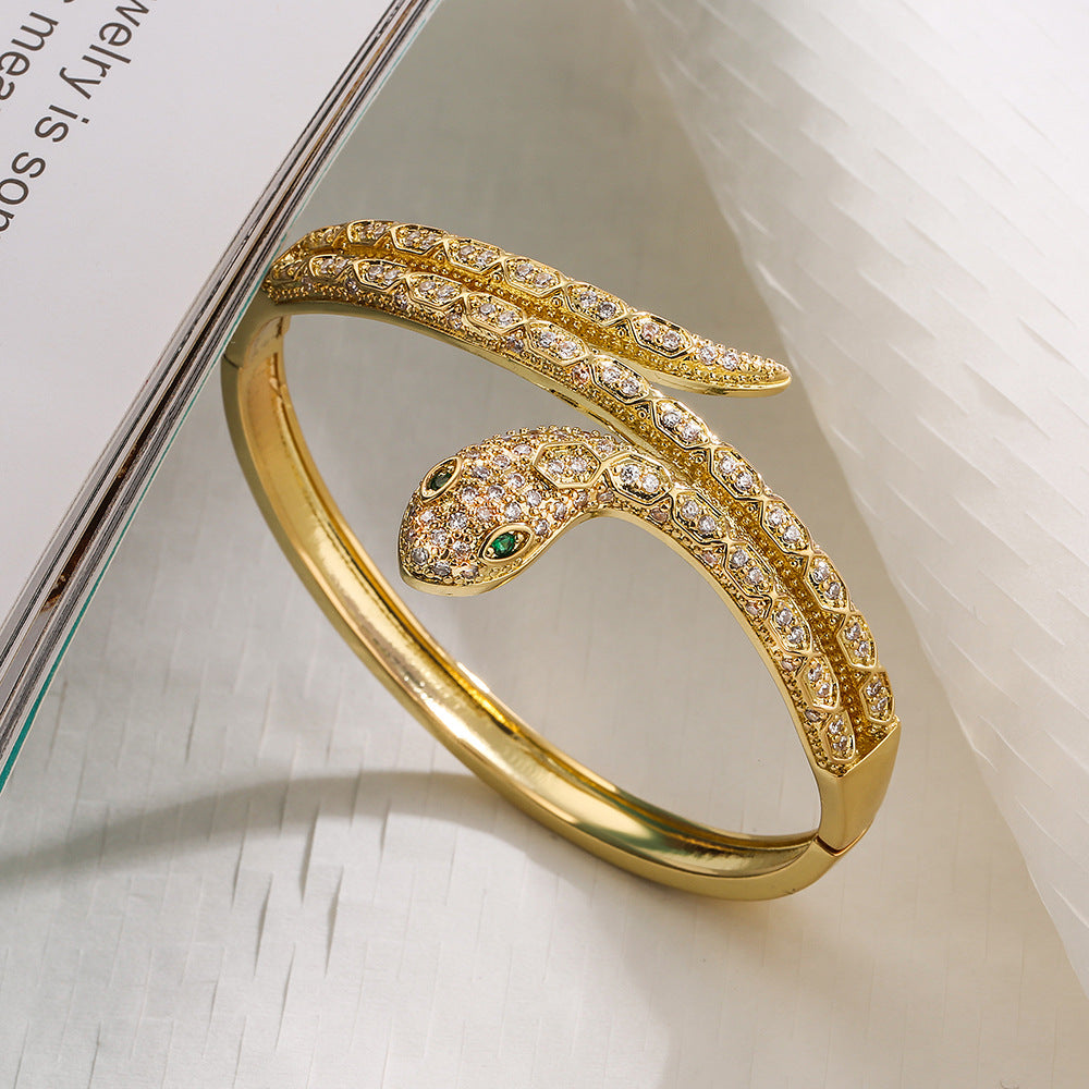 Minimalist Snake-Shaped Copper Bracelet with Real Gold Plating and Zircon Inlay for Women