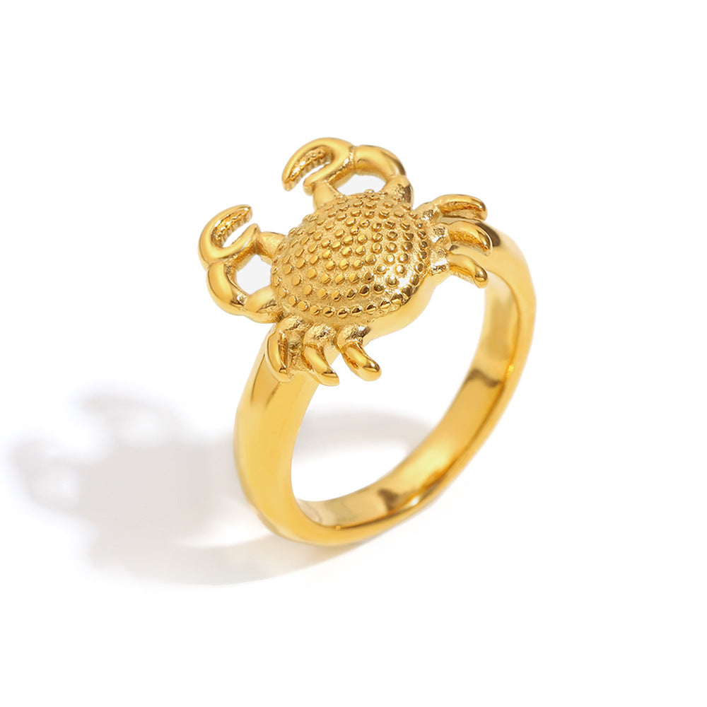 Bold Personality Style Crab-Shaped Stainless Steel Ring with 18K Gold Plating for Women