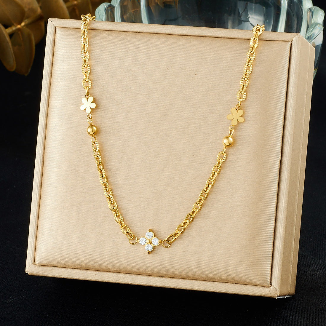 Minimalist Gold Plated Stainless Steel Flower Rhinestone Necklace and Bracelet Set with Irregular Cable Chain