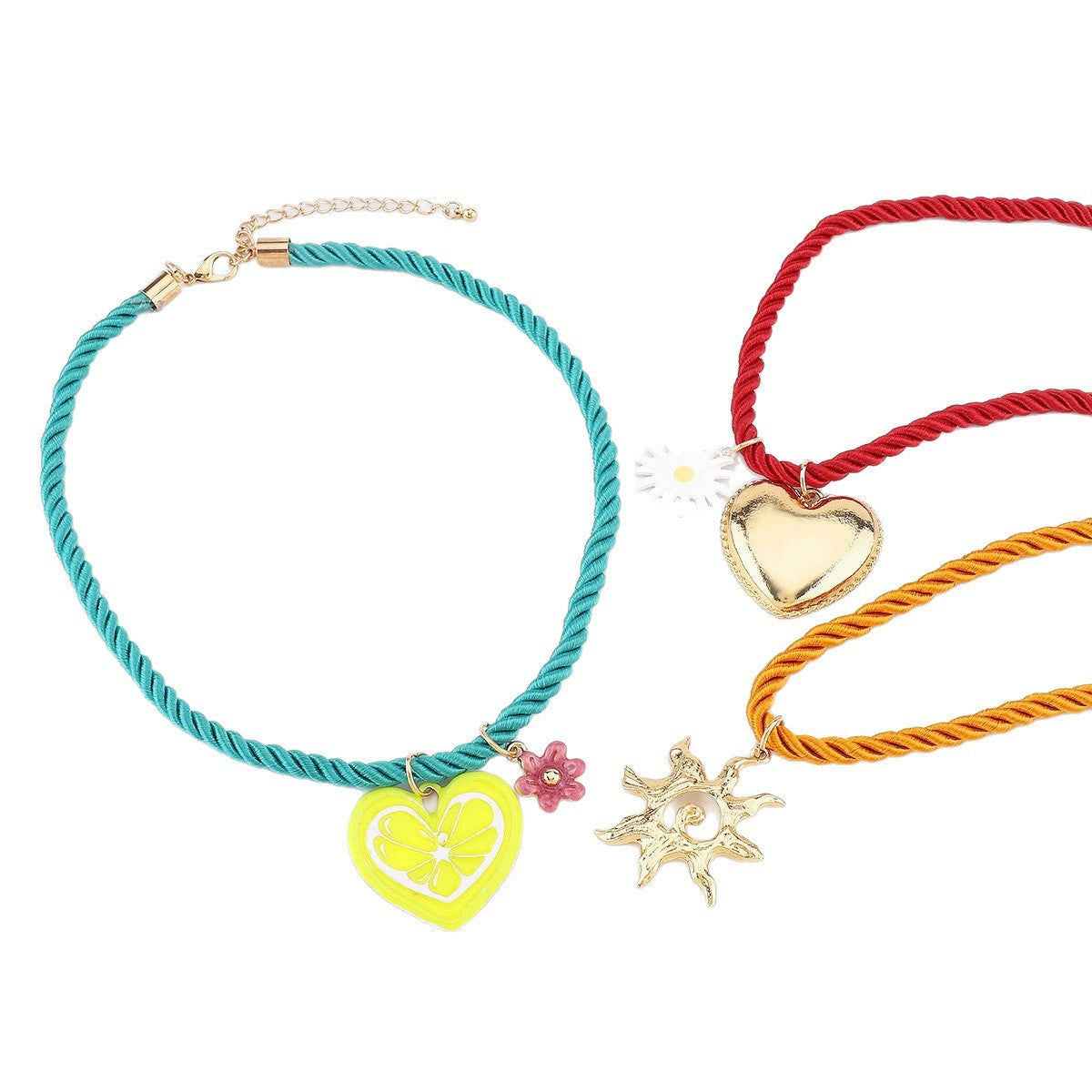 Collana Pendente Cuore Corda Colorata Casual con Margheritina e Sole per Donna