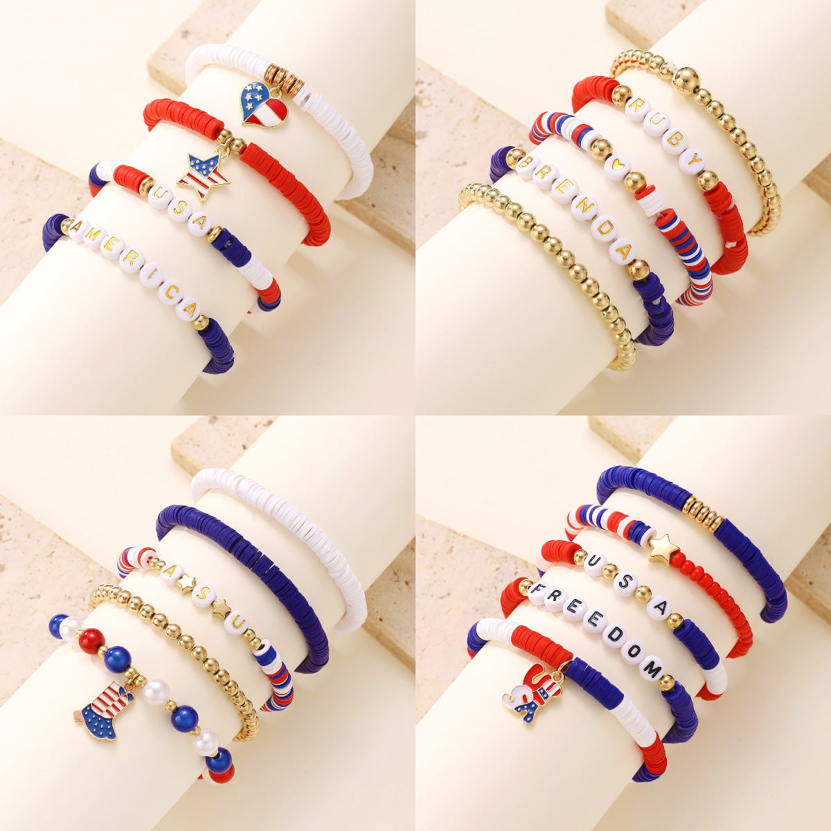 Patriotic Resin Beaded Bracelet Set with Heart Star Letter Charms and Rhinestone Accents