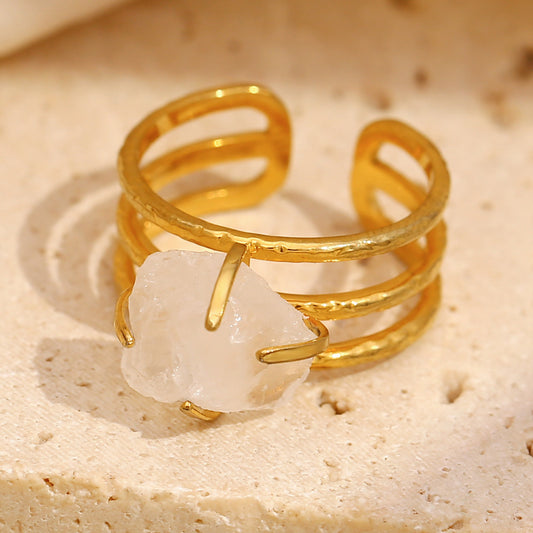 Anello da donna in acciaio inossidabile geometrico minimalista placcato oro 18 carati con accento in cristallo