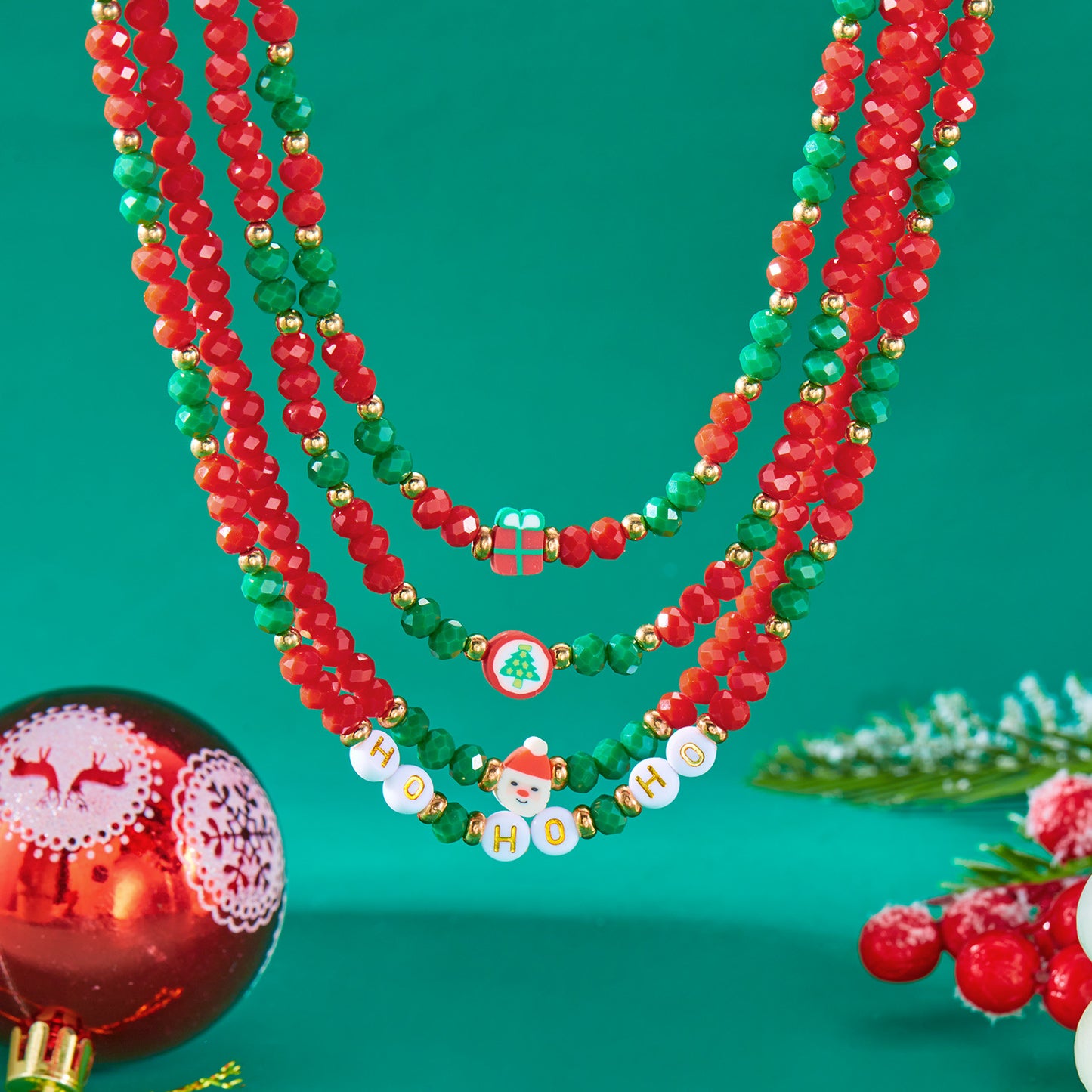 Collar de cuentas de arcilla polimérica con temática navideña con copo de nieve y colgante de Papá Noel de forma geométrica, gargantilla de cadena en O de aleación y electrochapada para mujer