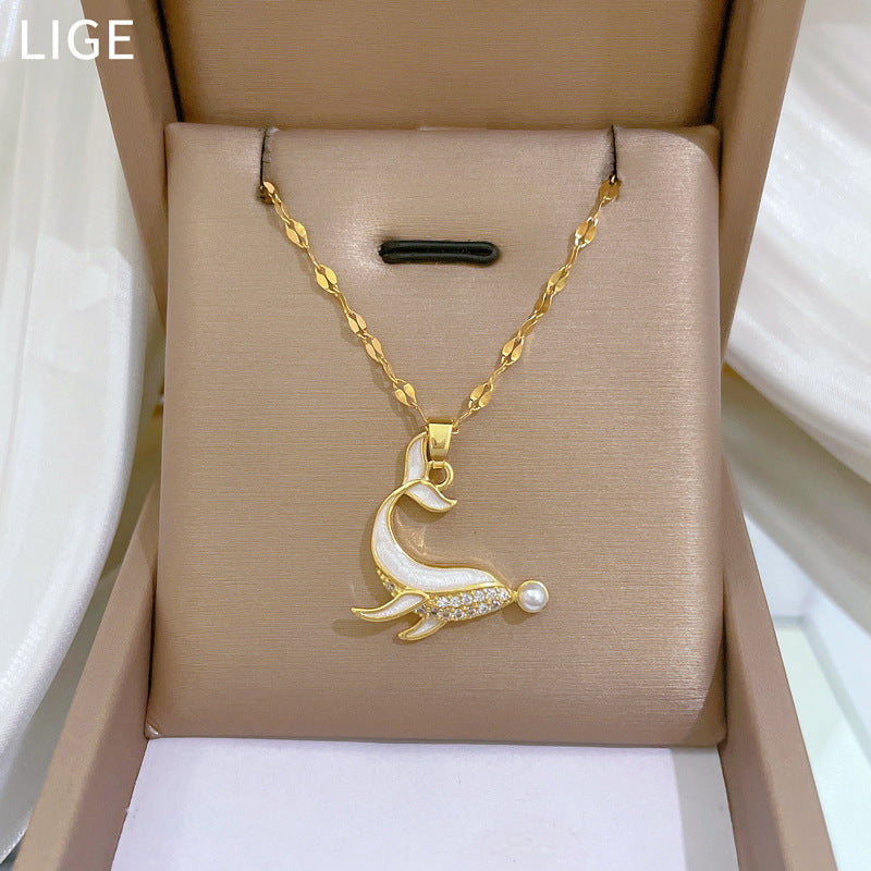 Luxury Dolphin Pendant Necklace with Zircon Inlay on Titanium Steel Chain for Women, Geometric Design, Delicate Clavicle Jewelry