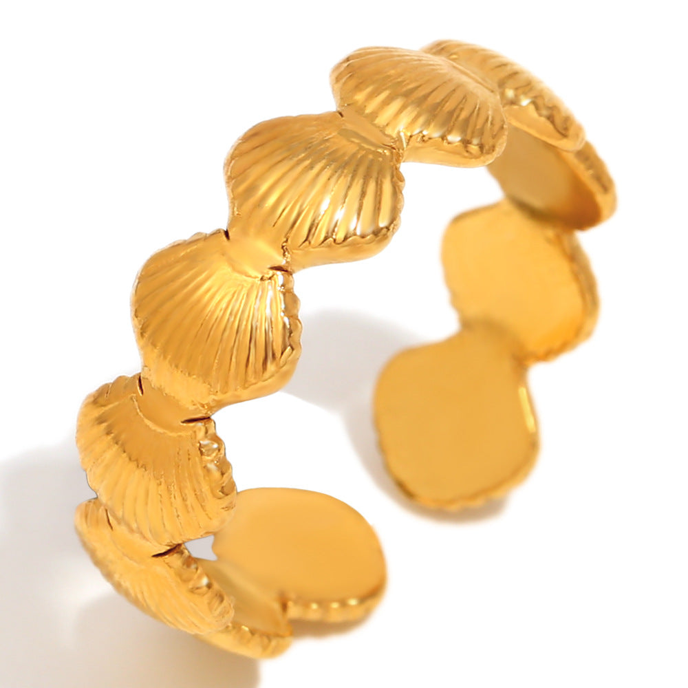 Minimalist Geometric Stainless Steel Ring with 18K Gold Plating and Shell Motif for Women