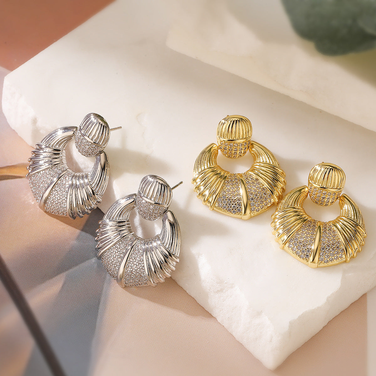 Minimalist Geometric Copper Earrings with 18K Gold Plating and Zircon Inlay for Women