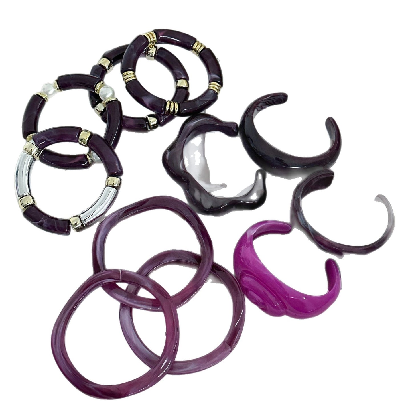 Set di bracciali vintage viola in acrilico con effetto goccia d'olio, gioielli alla moda con forme geometriche rotonde e quadrate