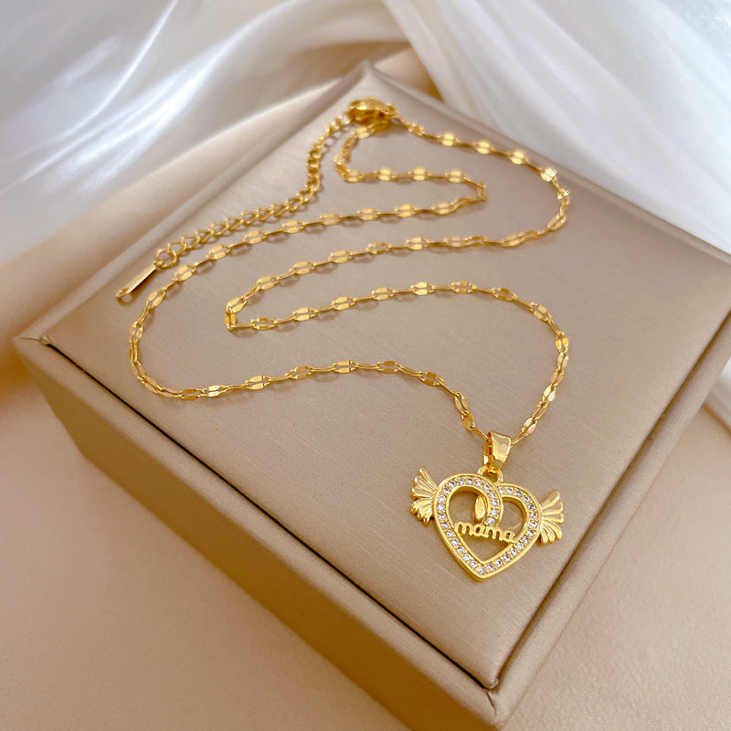 Collana Minimalista con Ciondolo Cuore Angelo da Donna in Acciaio al Titanio con Finitura Placcata, Delicata Catena per Clavicole