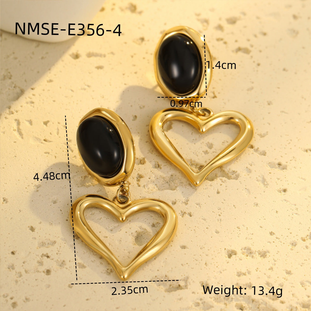 Pendientes con forma de corazón de estilo francés vintage, de acero inoxidable con baño de oro de 18 quilates e incrustaciones de piedra natural