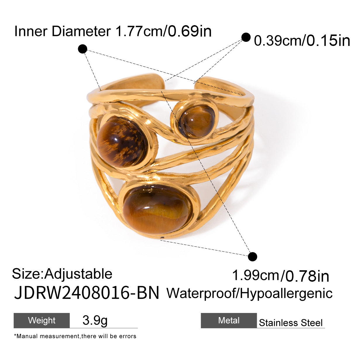 Anillo de ojo de tigre geométrico para mujer en acero inoxidable con acabado chapado, accesorio de moda minimalista