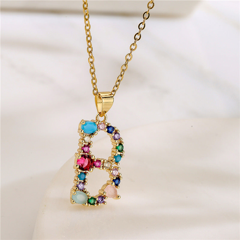 Collana con Lettere da Donna, Stile Minimalista, Alla Moda, Casual, con Catena a O, Placcata, con Strass Intarsiati