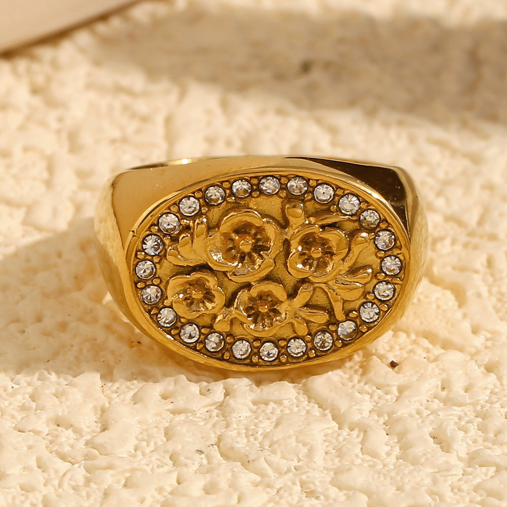Vintage Fashion 18K Gold Plated Stainless Steel Geometric Flower Ring for Women