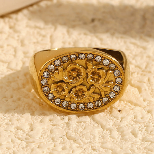 Vintage Fashion 18K Gold Plated Stainless Steel Geometric Flower Ring for Women