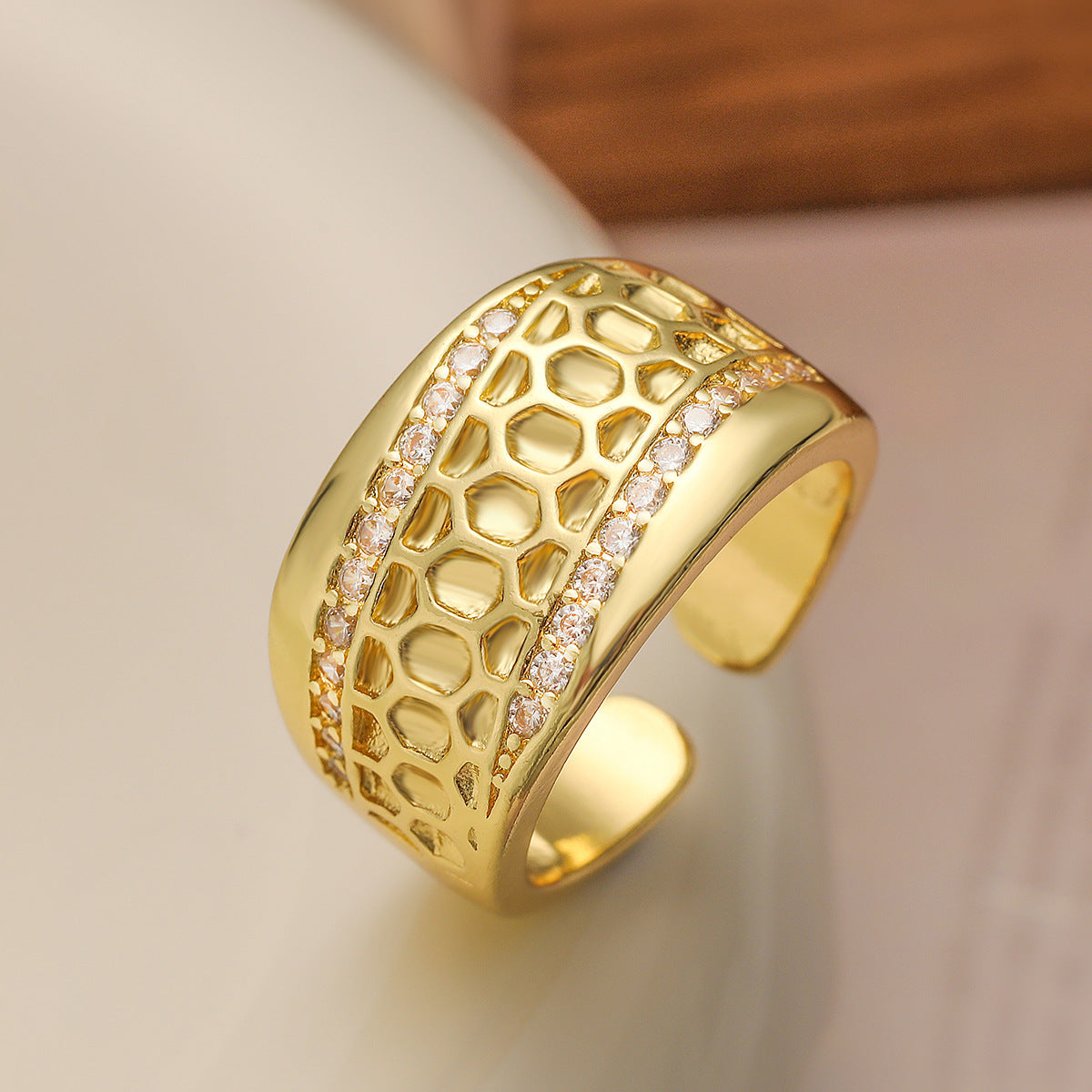 Geometric Wide Band Ring for Women in Copper with 18K Gold Plating and Zircon Inlay, Fashionable Adjustable Open-Style Band