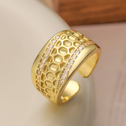 Geometric Wide Band Ring for Women in Copper with 18K Gold Plating and Zircon Inlay, Fashionable Adjustable Open-Style Band