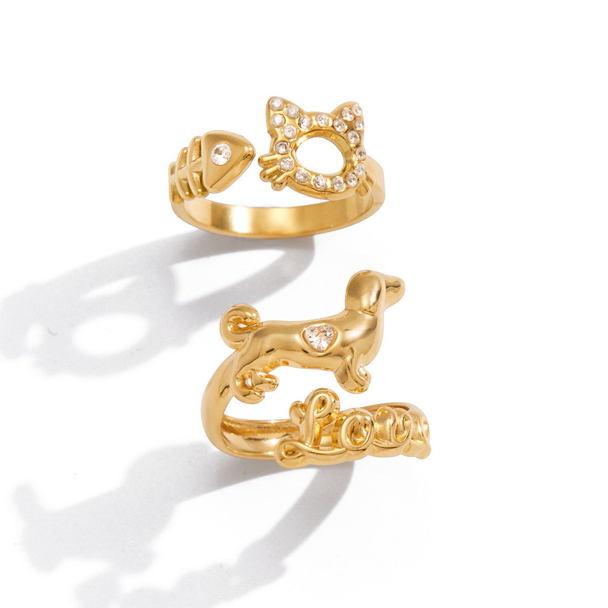 Anillo Minimalista Geométrico Dachshund Amor con Circonita Cúbica Acero Inoxidable PVD Joyería para Mujer