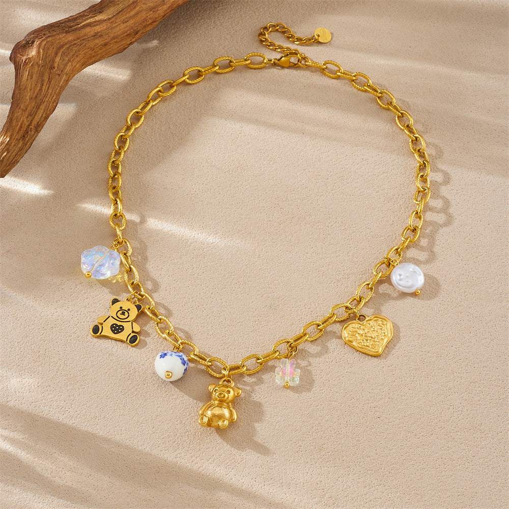 Chic Cartoon Animal Bear Gold Plated Stainless Steel Necklace with Cable Chain for Women