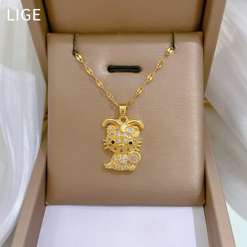 Luxury Butterfly Knot Cat Pendant Necklace for Women Stainless Steel Delicate Bowknot Collar Chain with Rhinestone Accents