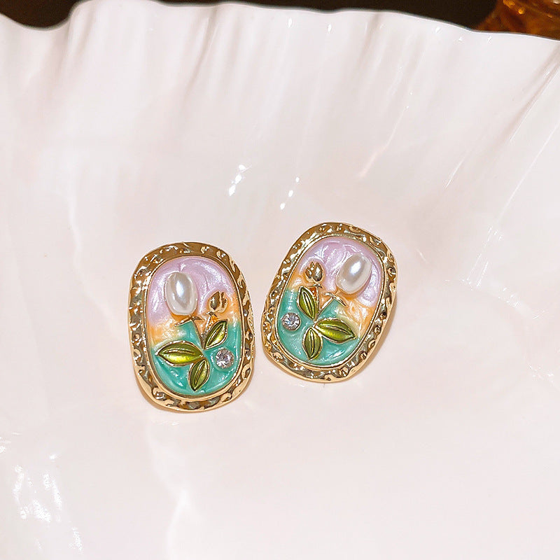Chic Vintage Pearl Stud Earrings with Floral Bow Leaf Diamond Drop Geometric and Animal Motifs in Steel Posts