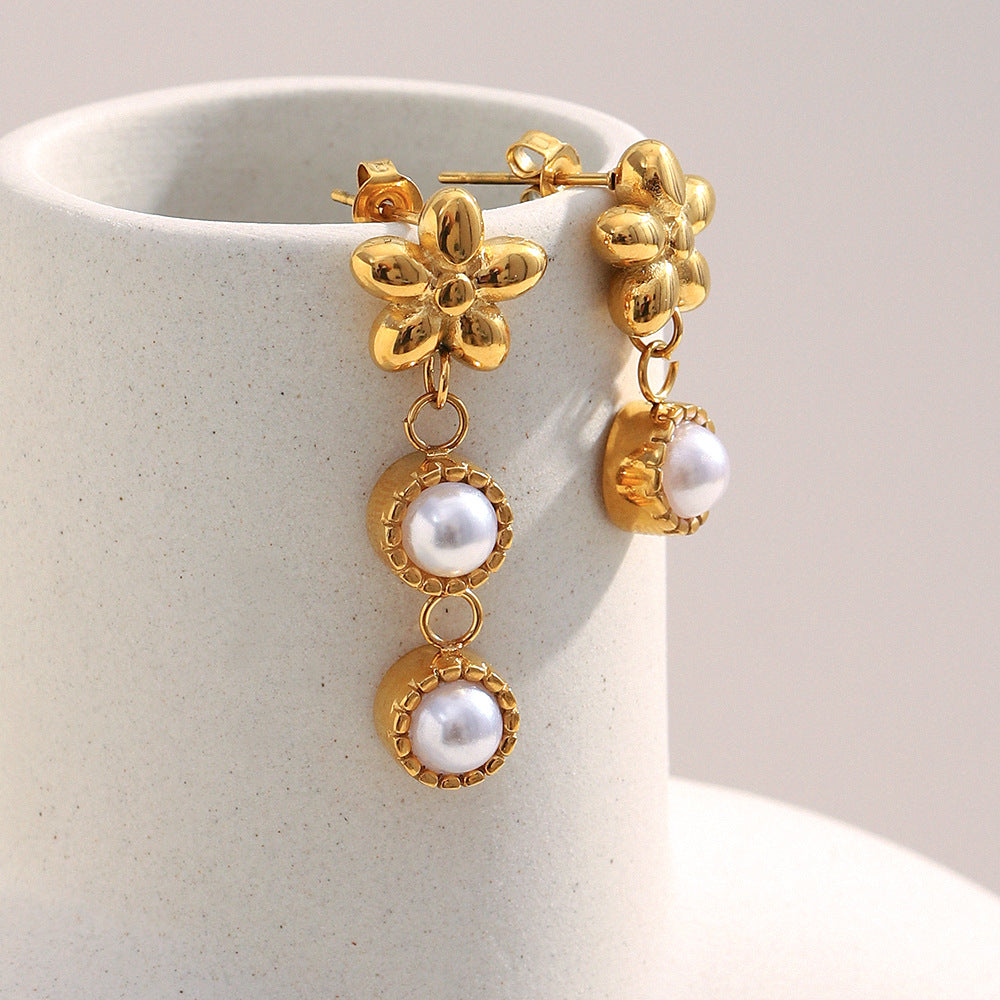 Minimalist Asymmetrical Flower Stud Earrings in Stainless Steel with 18K Gold Plating and Simulated Pearl Accents
