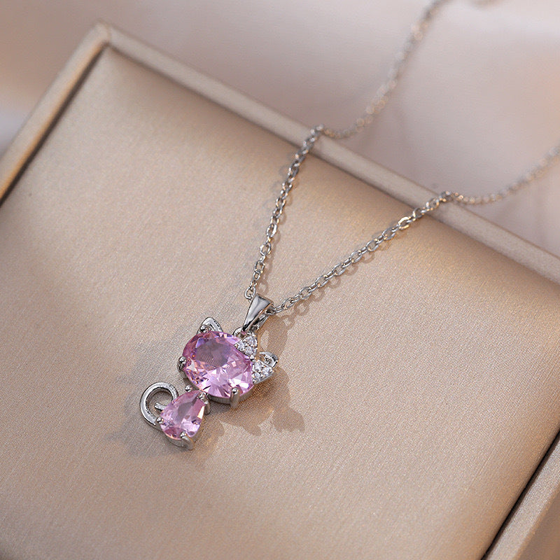 Cute Cat Pendant Necklace for Women in Titanium Steel with Micro-Pavé Rhinestones, O-Chain, Minimalist and Fresh Sweet Style