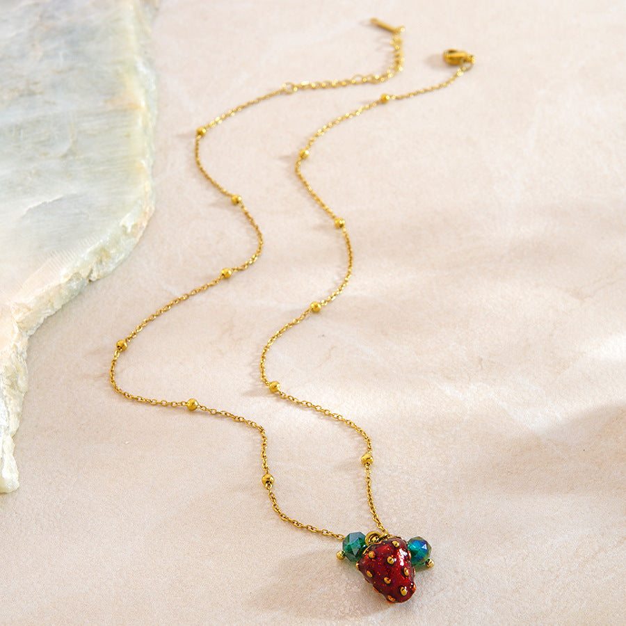 Sweet Geometric Round Stainless Steel Plated Strawberry Pendant Necklace Singapore Chain