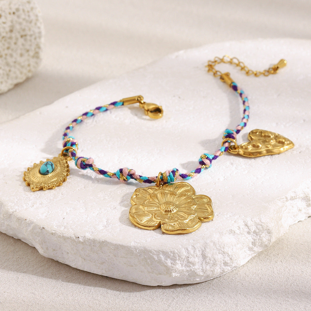 Bracciale da donna alla moda con perline a goccia di turchese in acciaio inossidabile placcato oro 18K a forma di fiore minimalista