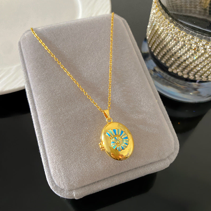 Vintage Enamel Drip Oil Oval Heart Brass Pendant Titanium Steel Necklace Cable Chain