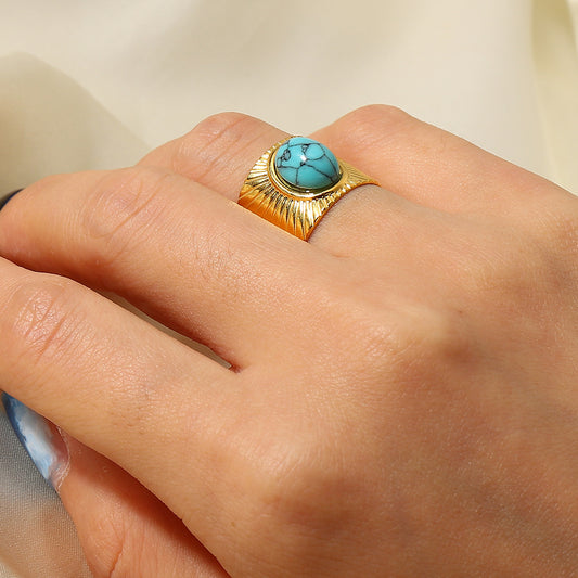 Geometric Turquoise Swirl Sign Adjustable Stainless Steel Ring for Women with 18K Gold Plating