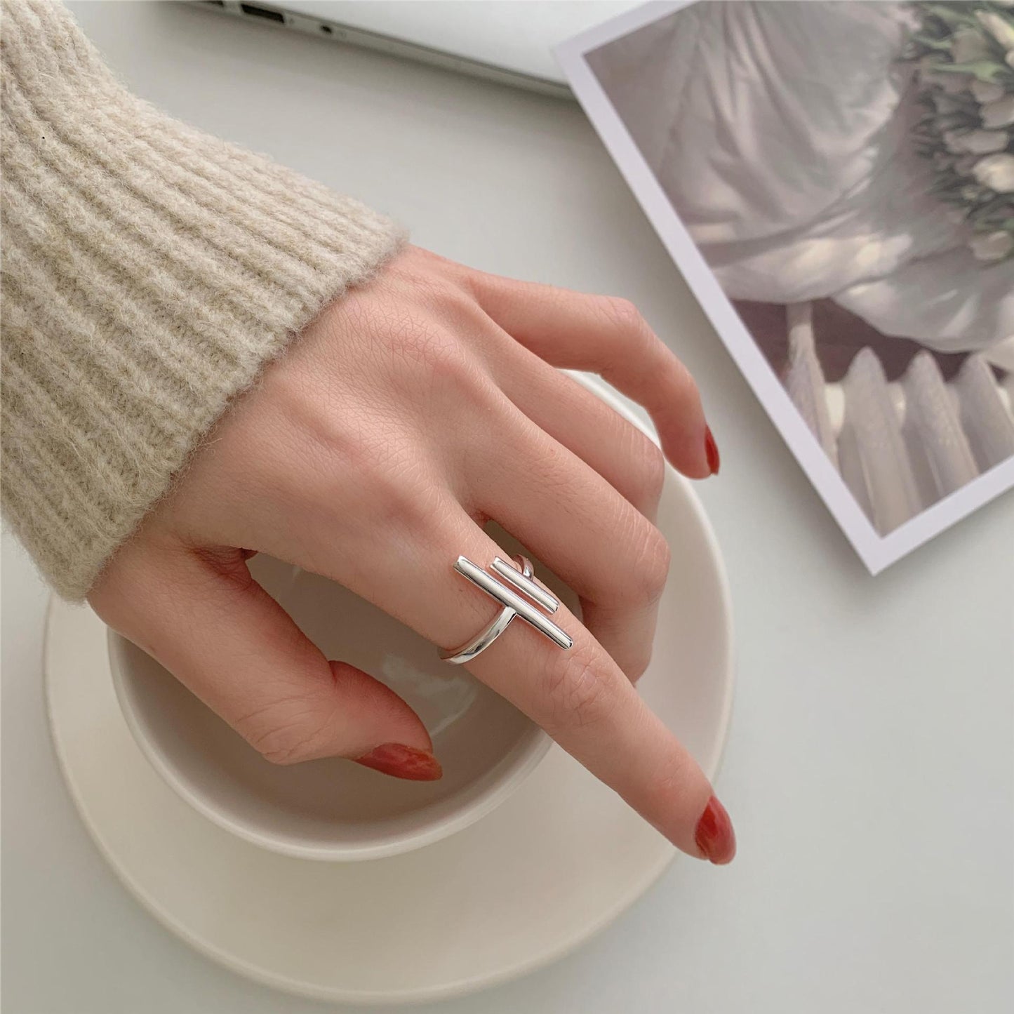 Minimalist Sweet 925 Sterling Silver Plated Letter T Geometric Open Ring